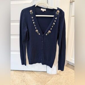 LOFT 100% Cotton Floral Embroidered Cardigan V-Neck Knit Navy M cottagecore